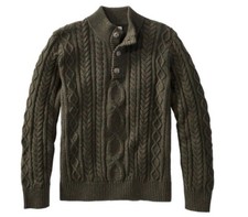 LL Bean Heritage Soft Cotton Fisherman Sweater, Button Green Cable Knit Sz Large