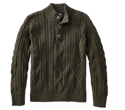 LL Bean Heritage Soft Cotton Fisherman Sweater, Button Green Cable Knit Sz Large