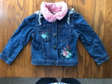 NANNETTE KIDS Toddler Girls 3T Embroidered Jean Jacket W/Faux Fur Collar