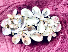 Vintage Rhinestone Barrette Large Flower Petal Shaped Handcrafted Shiny Preowned