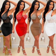 Fashion Womens Rhinestone Beaded Mesh Sheer Bodycon Night Party Club Short Dress