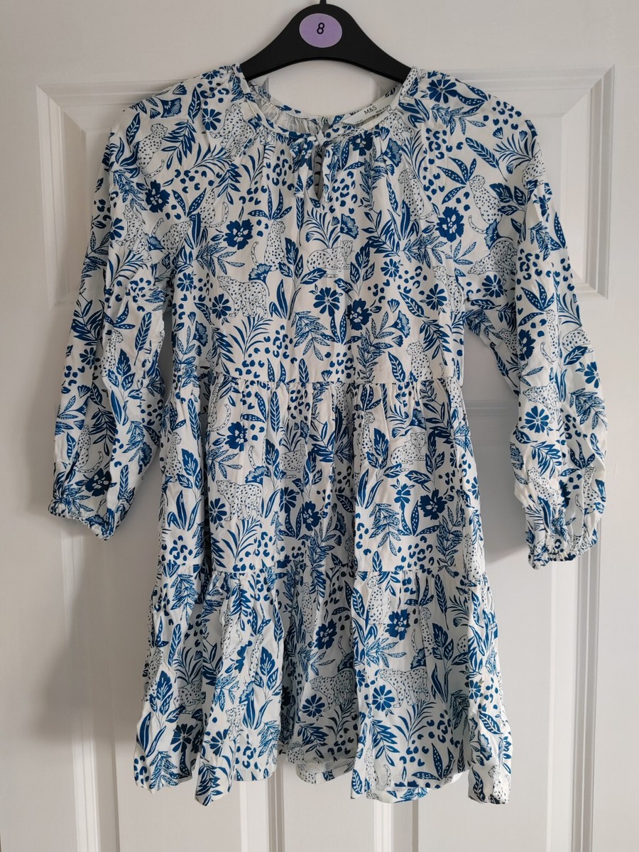 Marks and Spencer Girls' dress white with blue flower motif Size