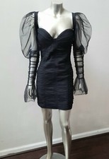 LBD MESH OVERLAY sz M MUTTON SLEEVES SHEER FITTED PARTY RUCHED SWEETHEART sz
