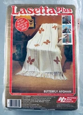 VINTAGE ’83 NATIONAL YARN CRAFTS LASETTA BUTTERFLY AFGHAN KIT 38”x66” EASY CRAFT