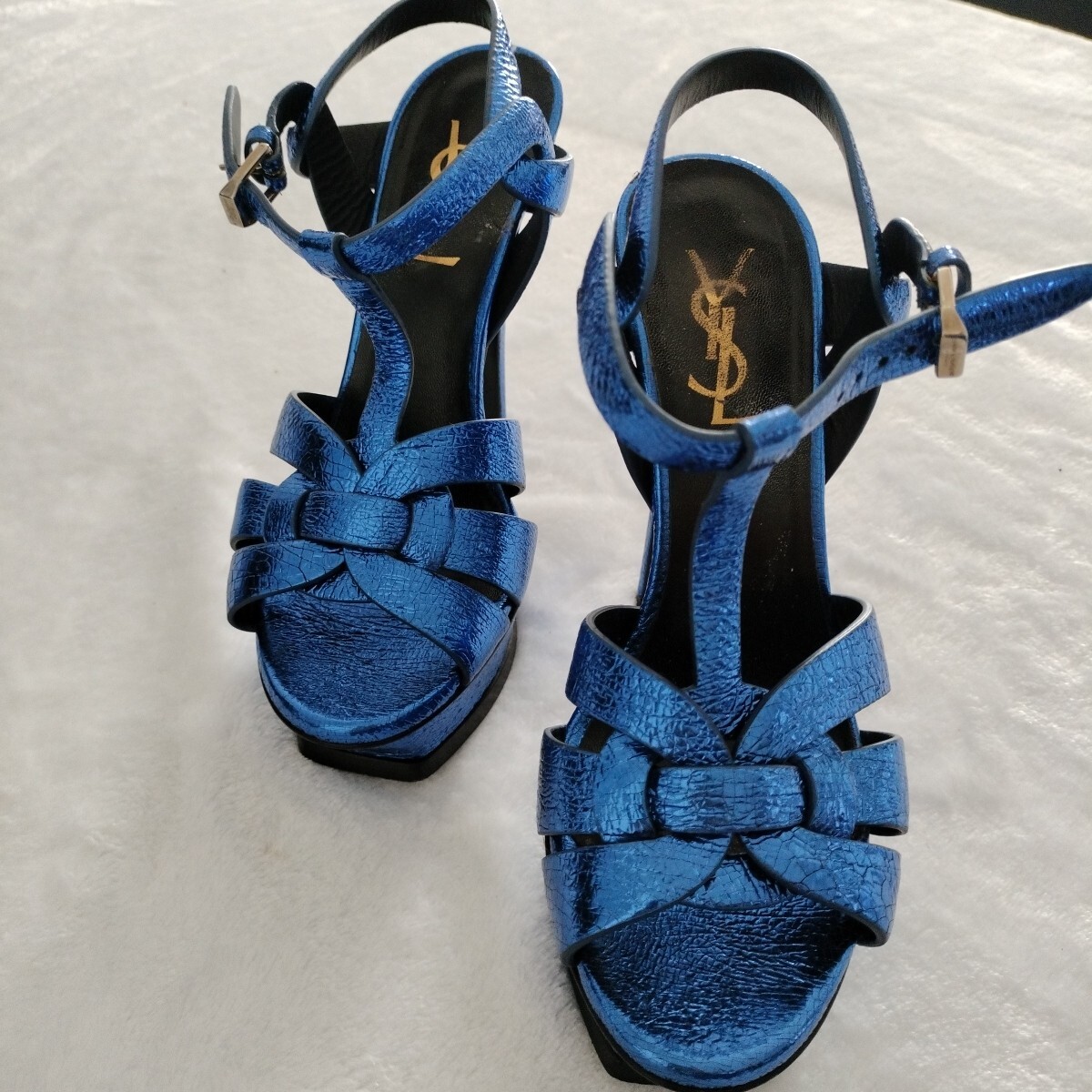 Saint Laurent Tribute sandalo plateau metallizzato in metallo blu taglia 5