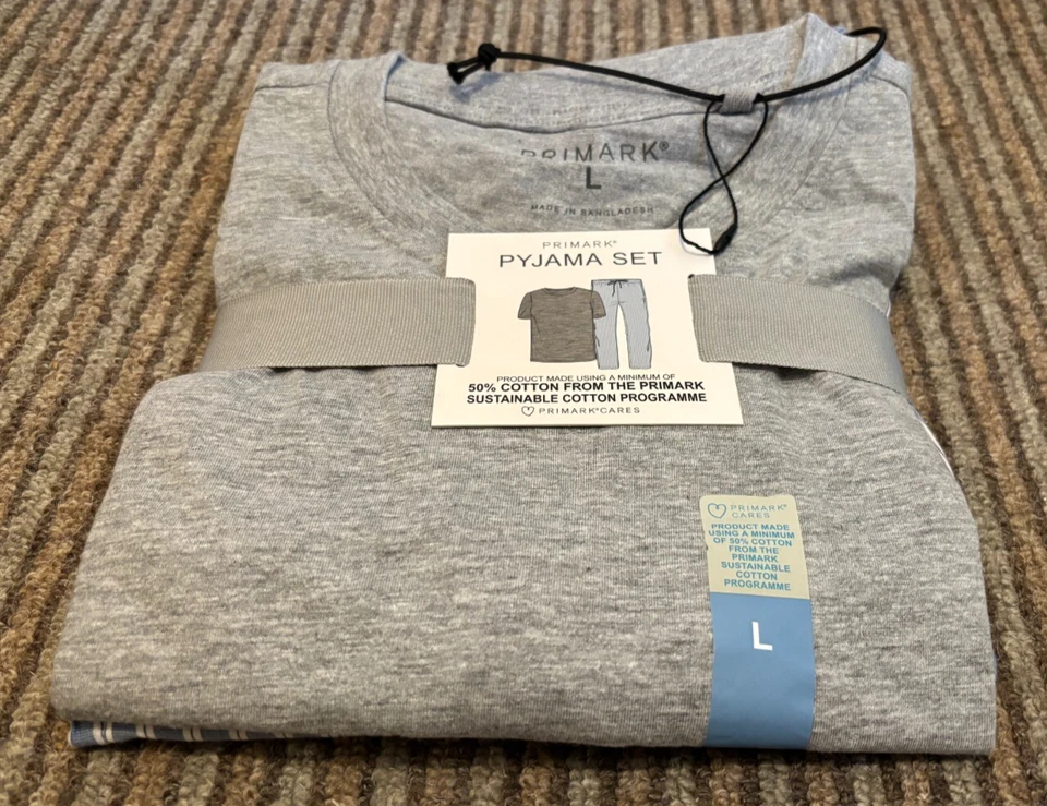 Primark Mens Pyjama Set Short Sleeve Top & Long Tie Waist Bottoms BNWT Grey/Blue - Image 2 of 4