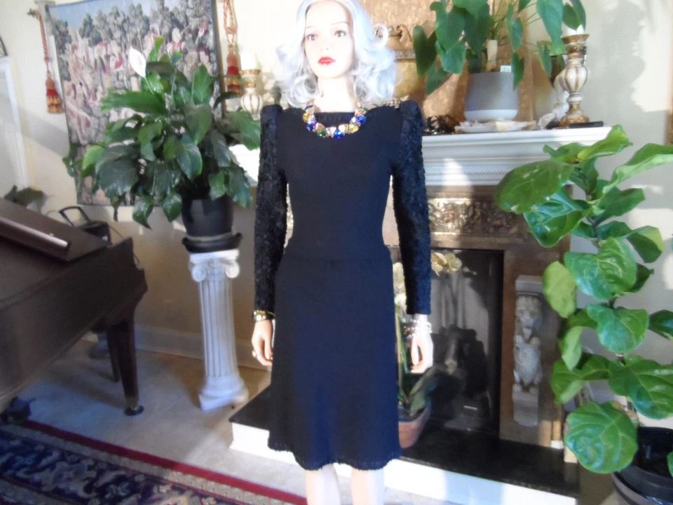 Vestido Adolfo Negro Tejido Línea A Vintage con Mangas Largas Adornado Talla M Foto 4 de 4