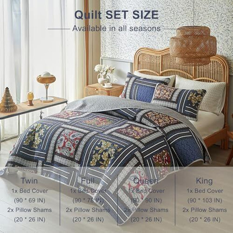 Quilt Set for Bed 3Piece Cotton Quilts Boho Quilt Set Queen Grid
