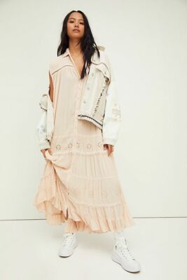 Free People hübsches kuscheliges Maxikleid ecru XS S M NEU Muster