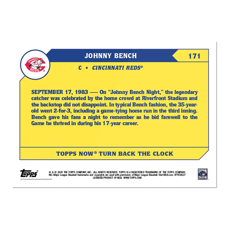 Johnny Bench - 2020 MLB TOPPS NOW Turn Back The Clock - Card #171 Reds - Image 2 of 2