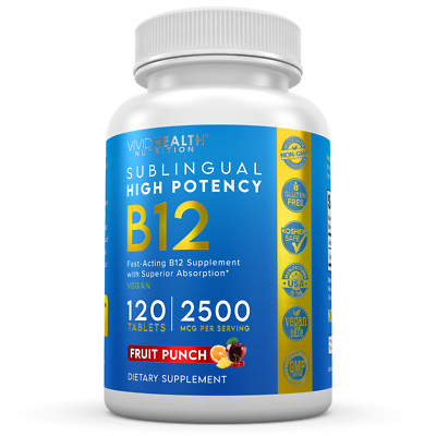 Energy Boosting Vegan B12 Sublingual, 2500mcg of B-12, 120 Fruit Punch Tablets