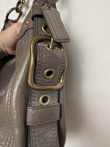 COACH Zoe Patent Leather Hobo Shoulder Bag Gray Silver Brass Hardware - Picture 6 of 12