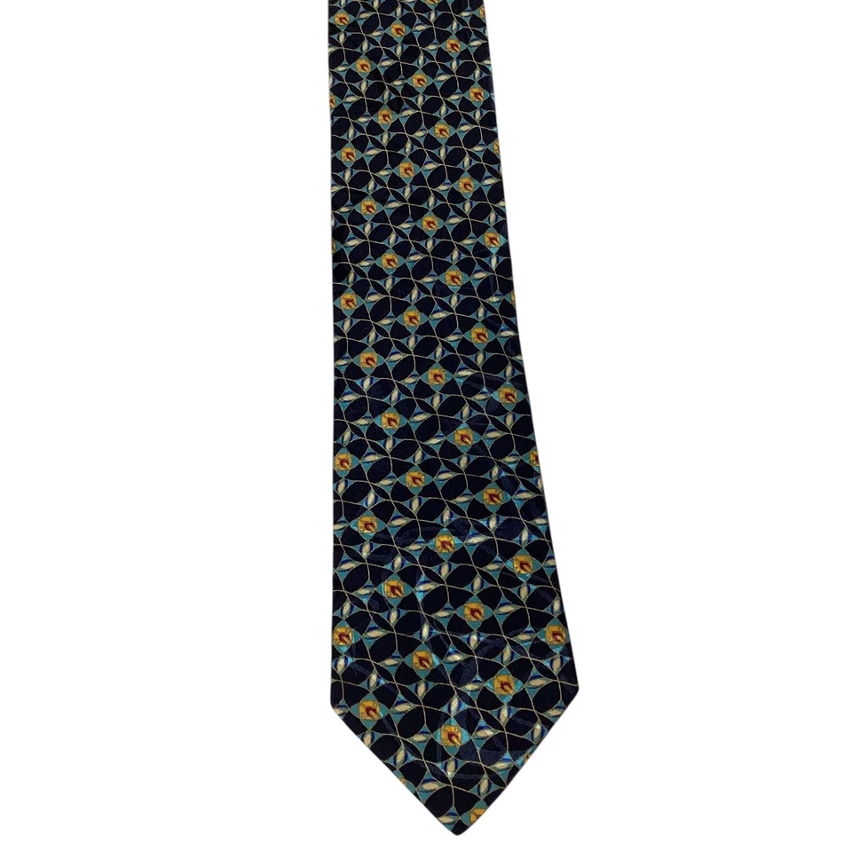 ITALO FERRETTI Men's 100% Silk XL Necktie ITALY Luxury Geometric Blue/Gold GUC - Image 2 of 3