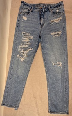 Used AMERICAN EAGLE Stretch Blue Jeans Rips Holes Fashion Distressed Size 6 Reg