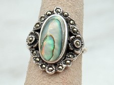Sterling Silver Vintage Ring Flower Shape Abalone  Marcasite Sz 4.5 Adjustable