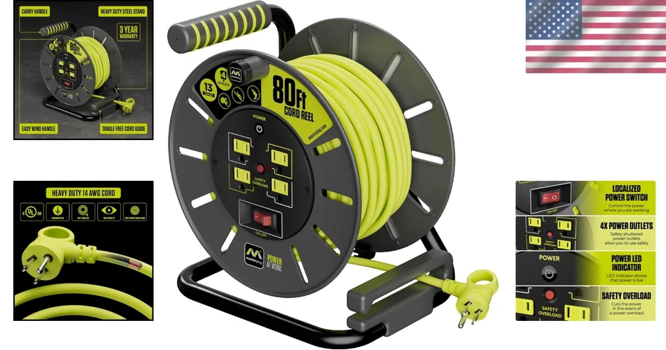 Retractable Extension Cord Reel with 4 Grounded Outlets - Image 2 of 4