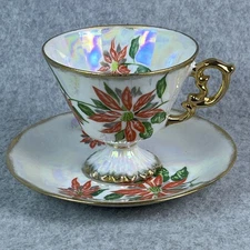 Vintage Norleans Lusterware Iridescent Teacup & Saucer Set Red Poinsettia Japan