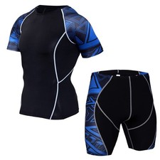 Men's Workout Set Compression Shirt Shorts Top Shorts Sleeve Sports Base La...