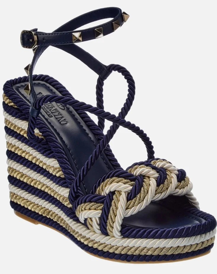 Valentino Rockstud Torchon Blue Stripe Cord Rope Wedge Ankle Strap Sandals 40 - Image 4 of 4