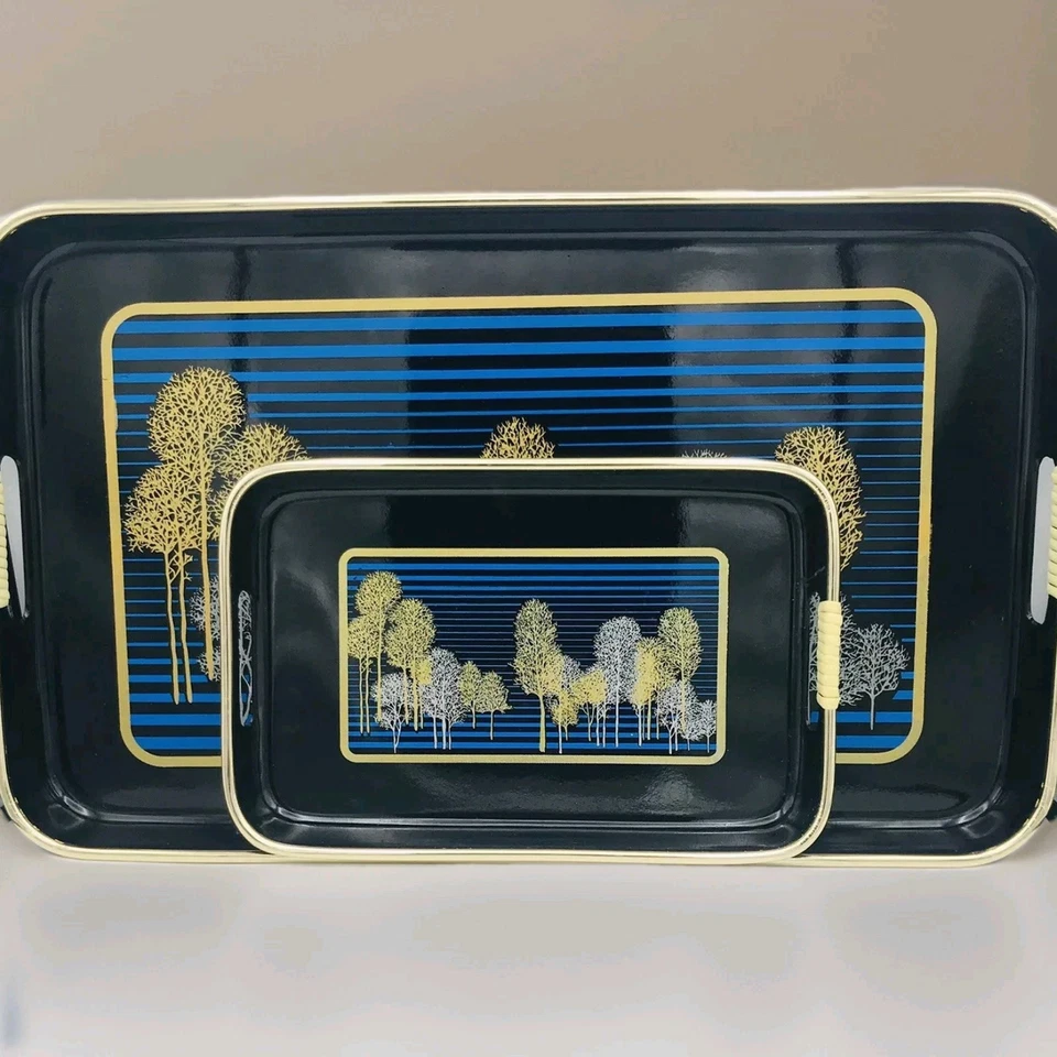 Vtg 80s Serving Trays Gold Trees Black Blue Striped Synthwave Decor Srednick - Image 3 of 4
