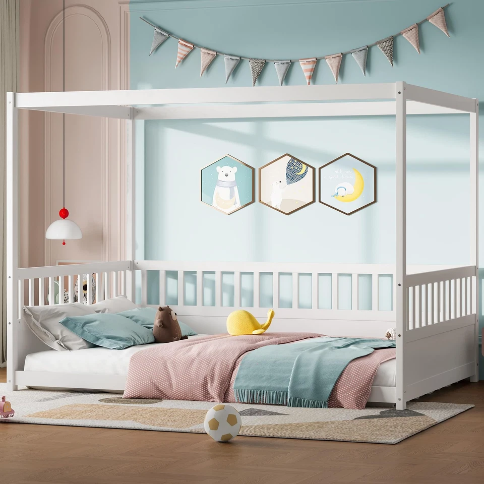 Marco de cama con dosel de tamaño completo con 4 carteles y barandillas, Montessor de tamaño completo... Foto 2 de 4