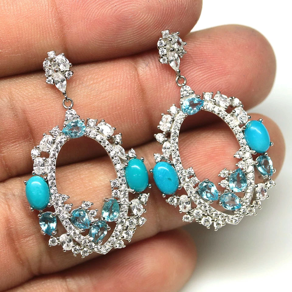 Brincos de prata 925 Black Friday azul turquesa, topázio e zircão, zircônia cúbica - Imagem 2 de 4