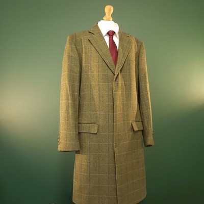 Samuel Windsor Mantel Herren 40 Grün 100% Wolle Fischgrät Karo Tweed 
