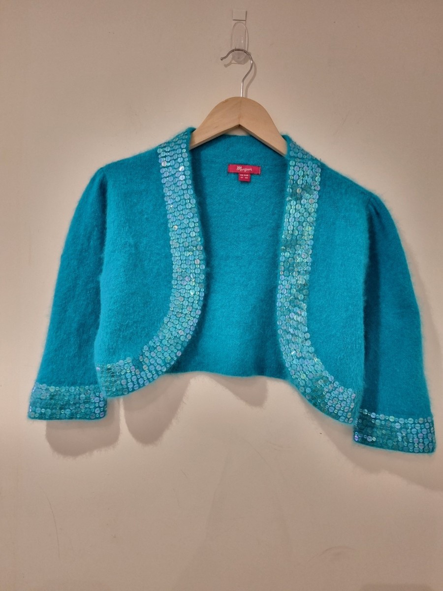 Monsoon Turquoise Blue Bolero Cardigan Cover Up Angora Super Soft Size 12