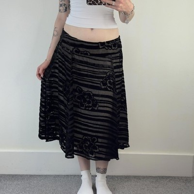 Y2K Vintage Teil Seide gestreift Midi Rock A Linie schwarz beige Double Overlay gefüttert