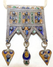 Islamic, Algeria Kabyle Berber Antique Enamel Silver Pendant, Lapis Lazuli 68 gr