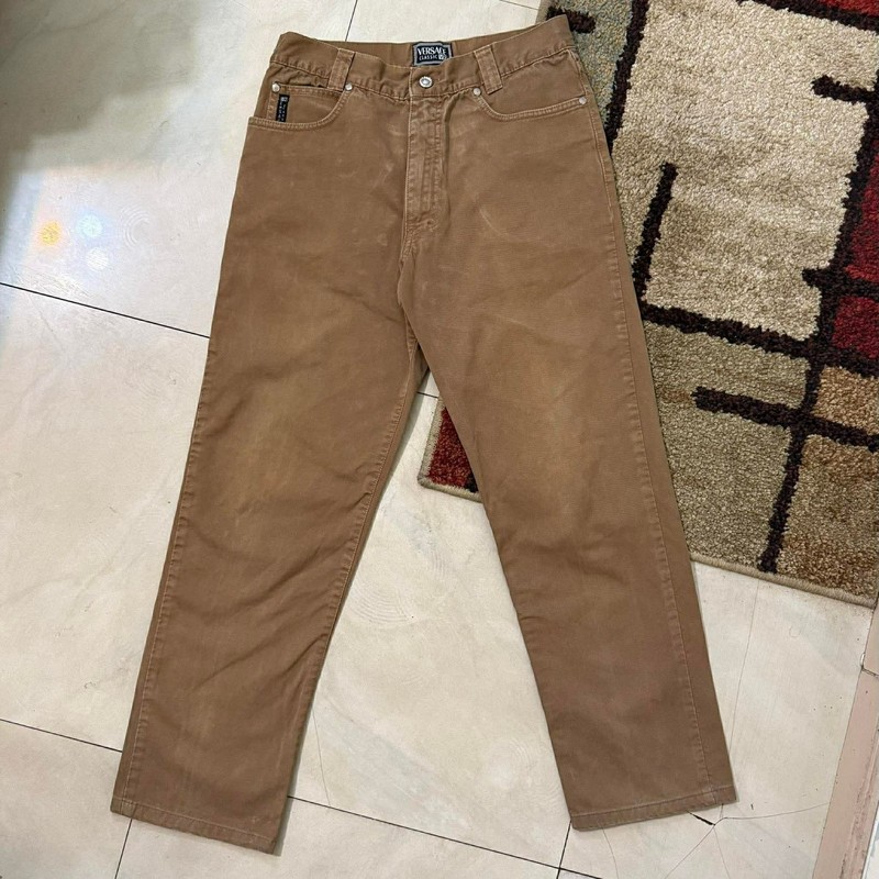 Versace Brown Cotton Twill Casual Pants Logo Accent 5-Pocket 33 Regular Fit