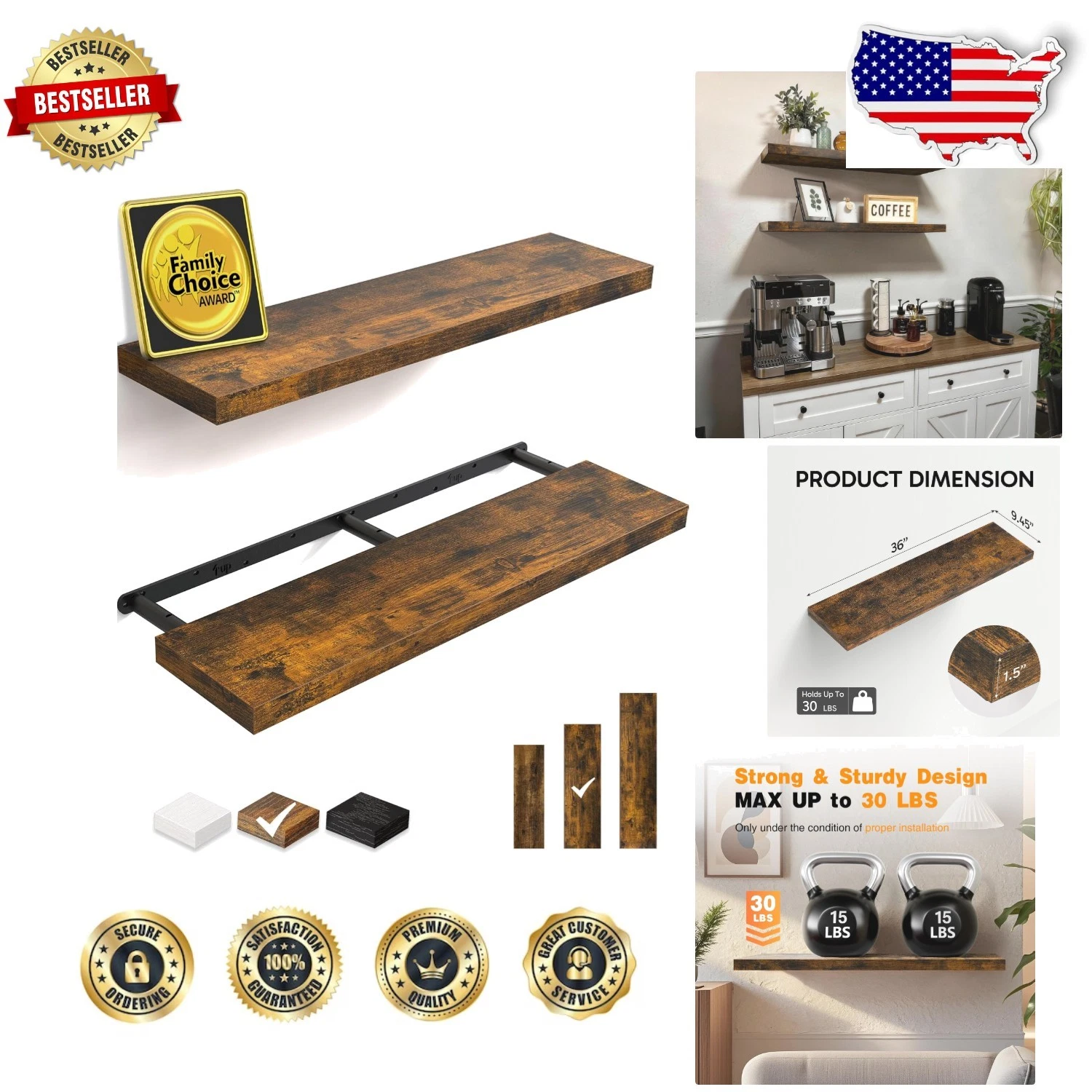 Set of 2 Rustic Wood Floating Shelves 36" Wall Mount, Modern Farmhouse Decor