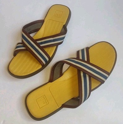 Johnston & Murphy Men's Slides Sandals Yellow Brown Blue Leather Fabric Shoes 12