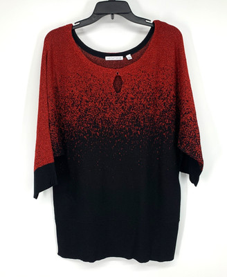 Notations Top Womens Size XL Black Red Metallic Ombre Shimer Stretch 3/4 Sleeve