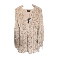 Nwt Pretty Little Things Gold Sequin Dress Size 2  Champagne Long Sleeve Fringe