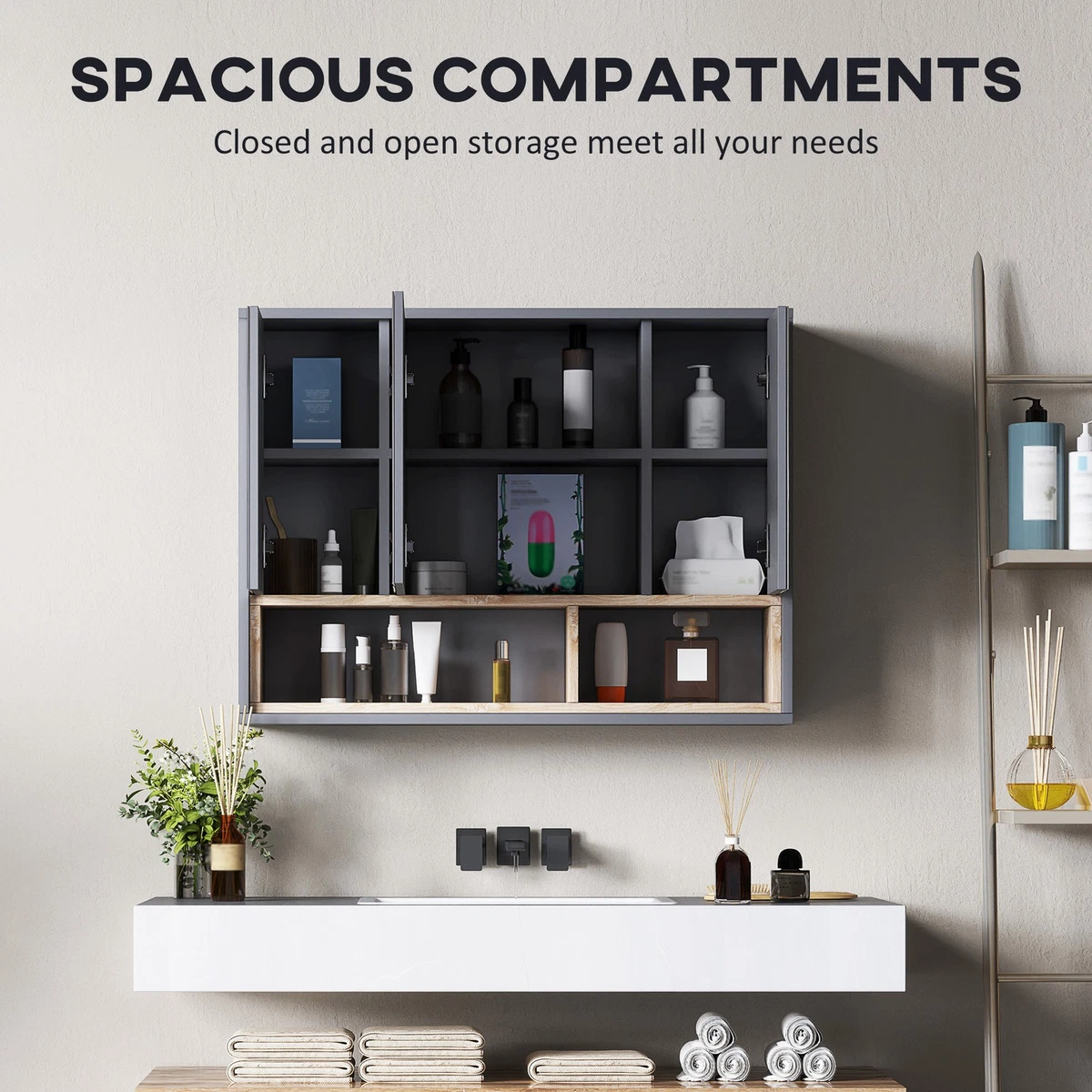 HOMCOM Mueble de Baño Montado en Pared Espejo Almacenamiento con Estantes Gris