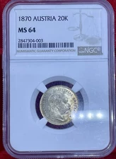 AUSTRIA , SILVER 20 KREUZER 1868 - NGC MS 64 Coin