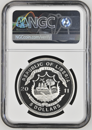 5 DOLLARS 2011 LIBERIA HISTORY OF RAILROADS SHINKANSEN 500 SILVER PROOF NGC PF70 - Picture 2 of 4