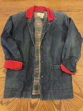 Vtg Flannel Lined Denim Chore Jacket M Dark Wash Red Corduroy Trim Shoulder Pads