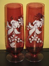 Antique Cranberry Vases White Hand Painted Flower Design Mouth Hand Blown