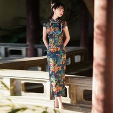 Elegant Green Satin Chinese Qipao Dress Traditional Cheongsam with Floral Design