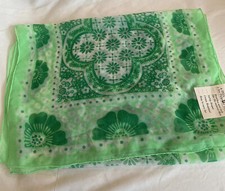 VTG Sally Gee A-Tell Scarf Floral 14"x43" Green Chiffon Rectangle Irish Sheer