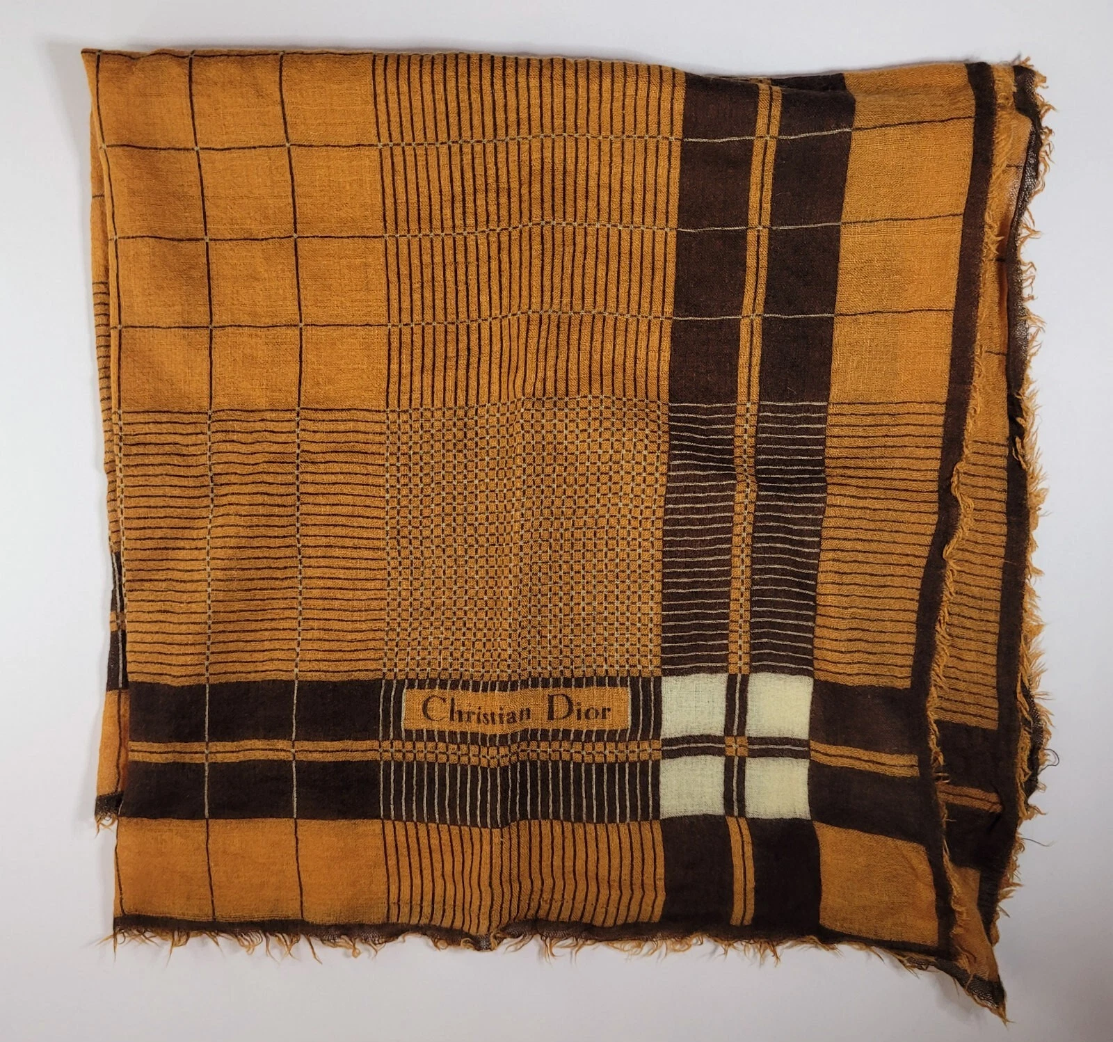 Foulard femme vintage Christian Dior cachemire et soie rouille, marron, crème