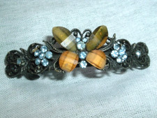 Yellow Glass n Blue Rhinestone Oxidized Silver Butterfly 3.5" Hair Barrette