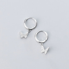 925 Sterling Silver Topaz CZ Dangling Butterfly Huggie Hoop Earrings 10mm PE40
