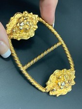 Vintage Estate Mid Century Oval Gold Plated Belt Buckle With Two Lion Heads