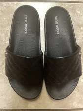 NWT STEVE MADDEN QOOL BLACK TUFTED SLIDES SANDALS 8 Faux-Leather Flats Orig Box
