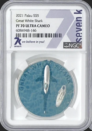 7K Metals Great White Shark 2021 PALAU NGC PF70 Ultra Cameo RARE 2021 Mintage