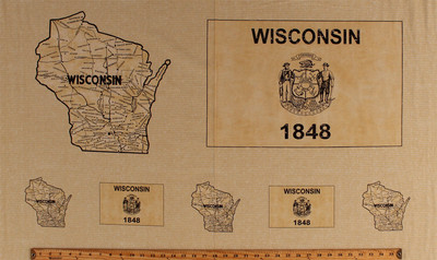 23.5'' X 44'' Panel Vintage Maps Wisconsin 1848 USA Cotton Fabric Panel D515.02