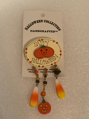 Vintage Halloween Brooch Pin Pumpkin With Dangling Candy Corn Charms